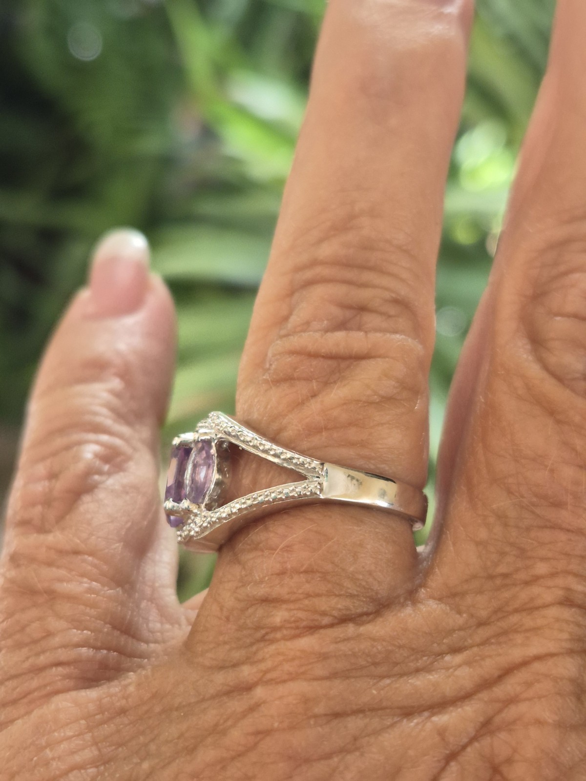 .925 Sterling Silver and 3 Stone Amethyst Ring sz. 6.5