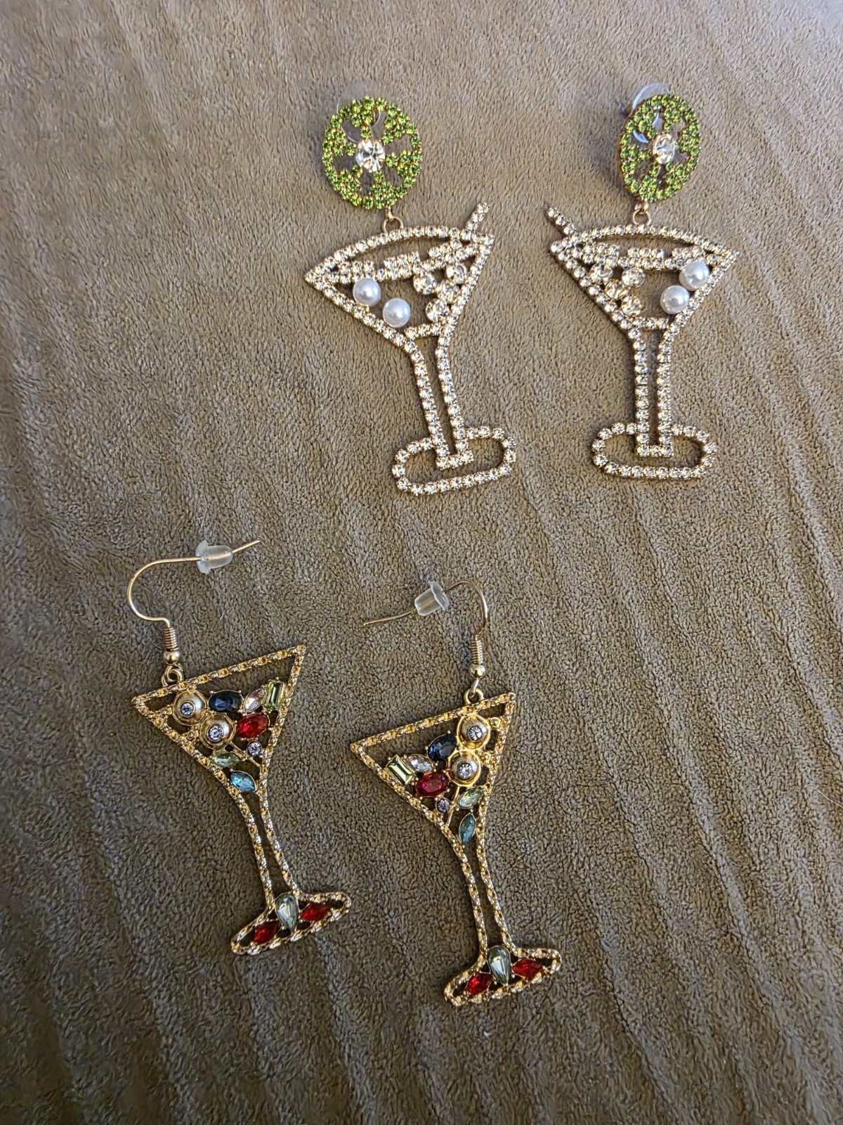 Martini Glass Dangle Earrings Glitter Cocktail Bar Two Pair