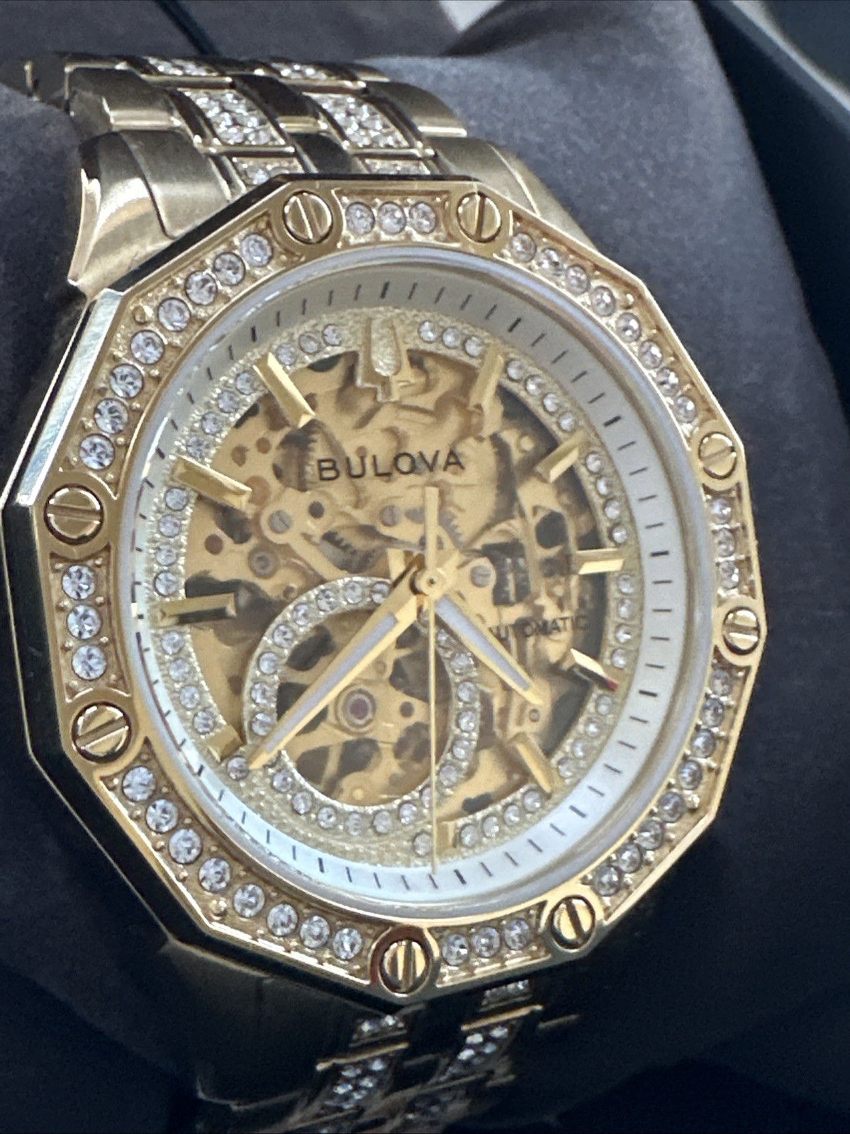 Bulova Men’s Crystal Automatic Skeleton Gold Stainless Steel Watch 42 MM 98A292