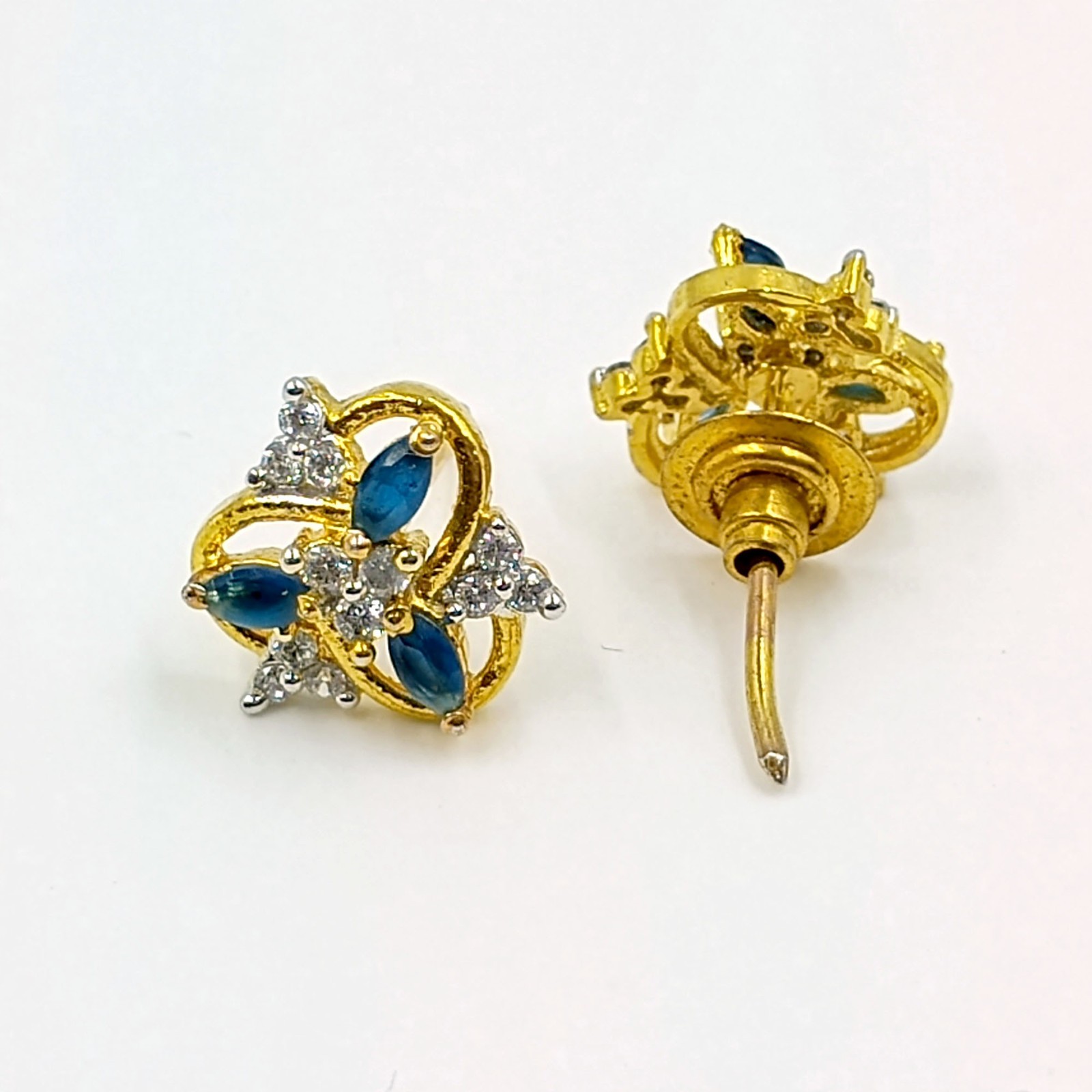 Elegant Sapphire CZ Stud Earrings 22k Gold Plated Handmade South Indian Style