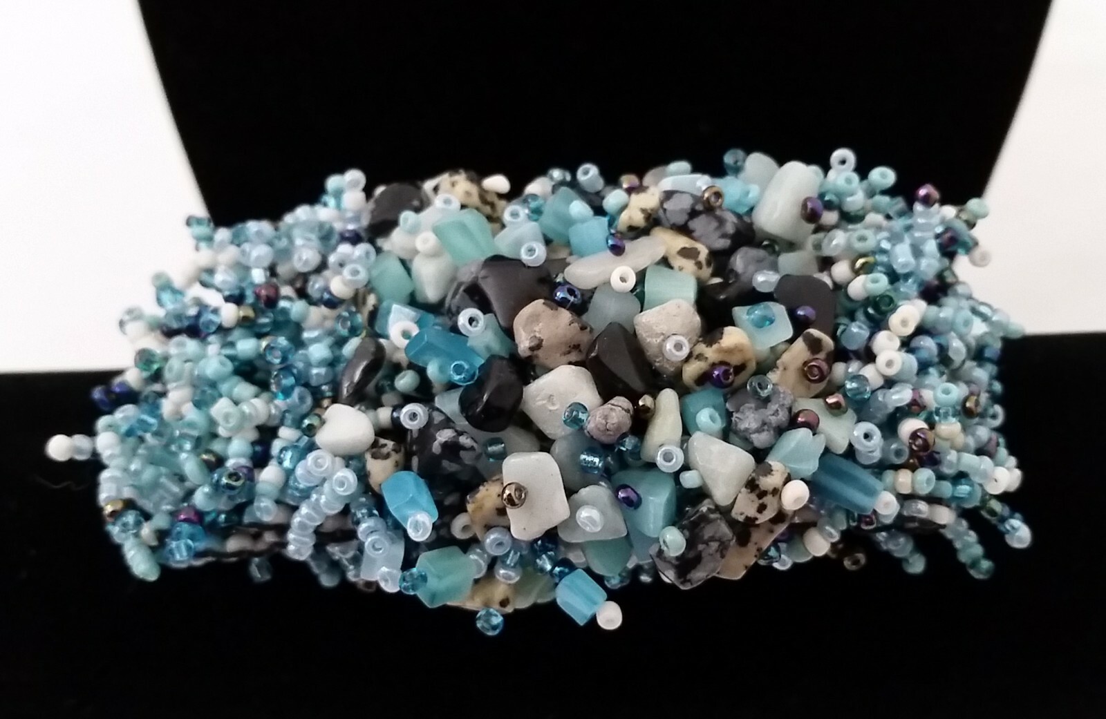 Handmade Bracelet GLASS BEADS AQUA BLUE TURQUOISE PEACOCK BEIGE JASPER 6 inch
