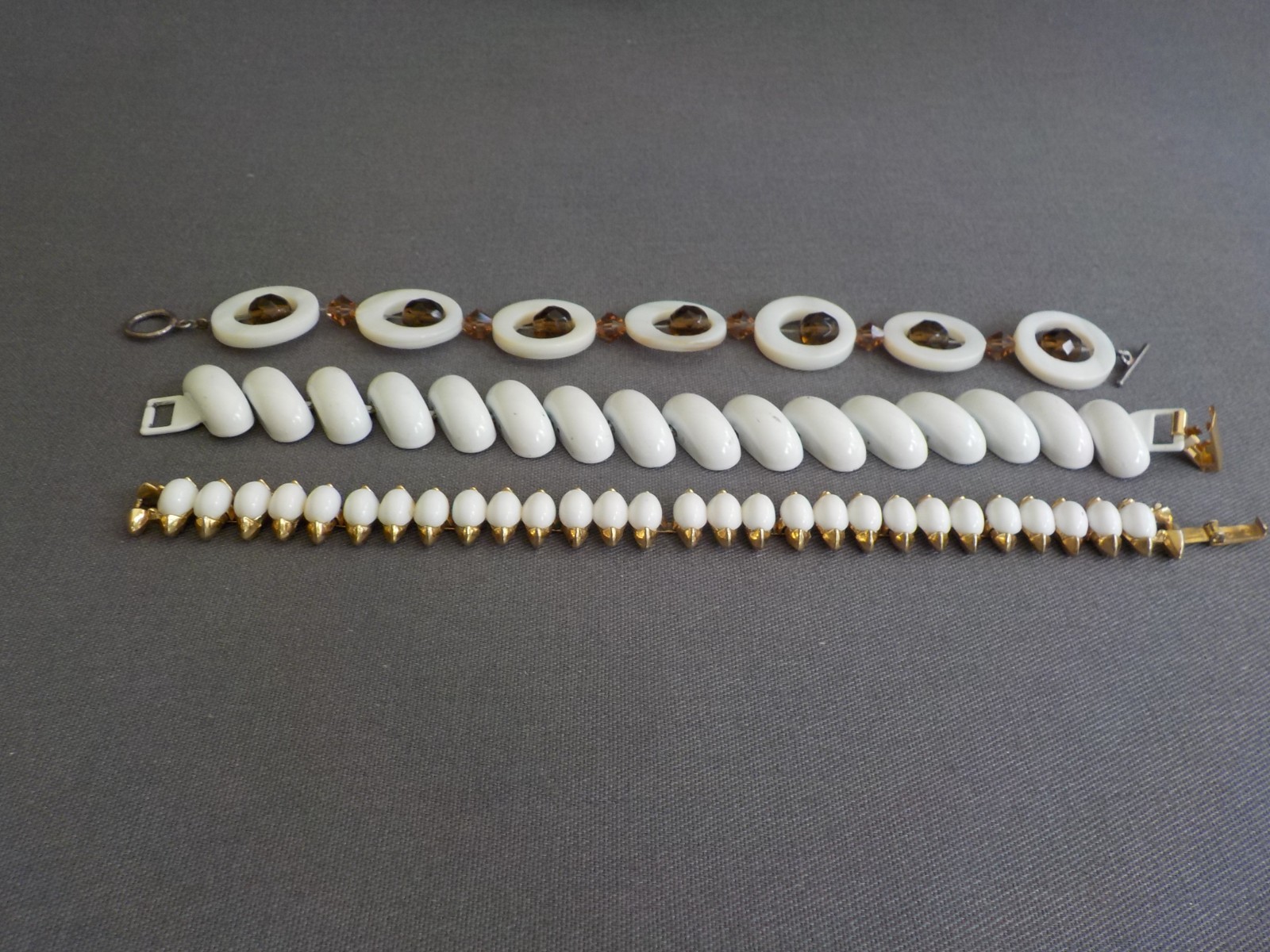 White Bracelet Mix Lot 3 Enamel Plastic Mother of Pearl Glass Bead Metal