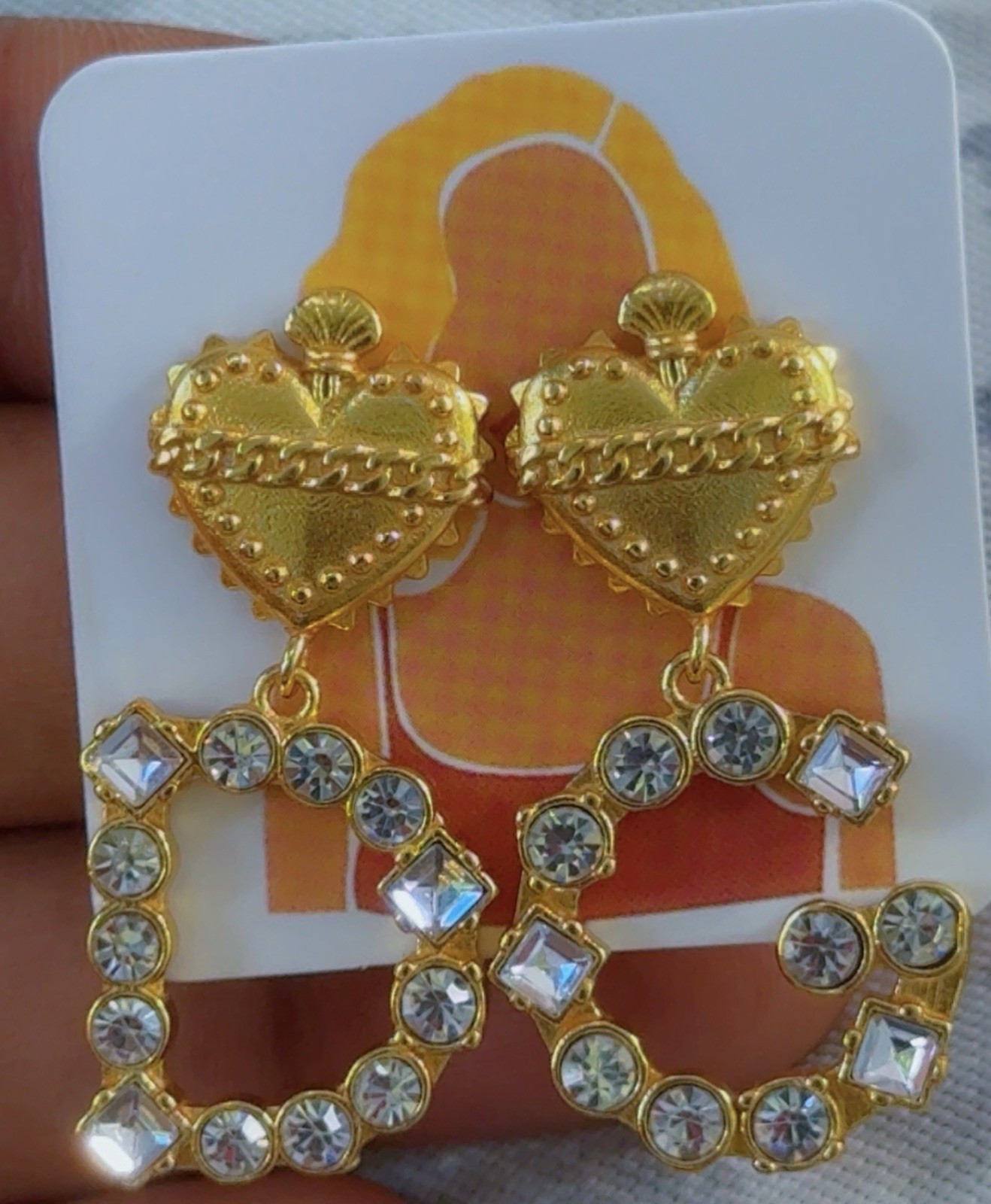 Gold Tone Heart Outline Clip-On Dangle Earrings Clear Crystal Rhinestone