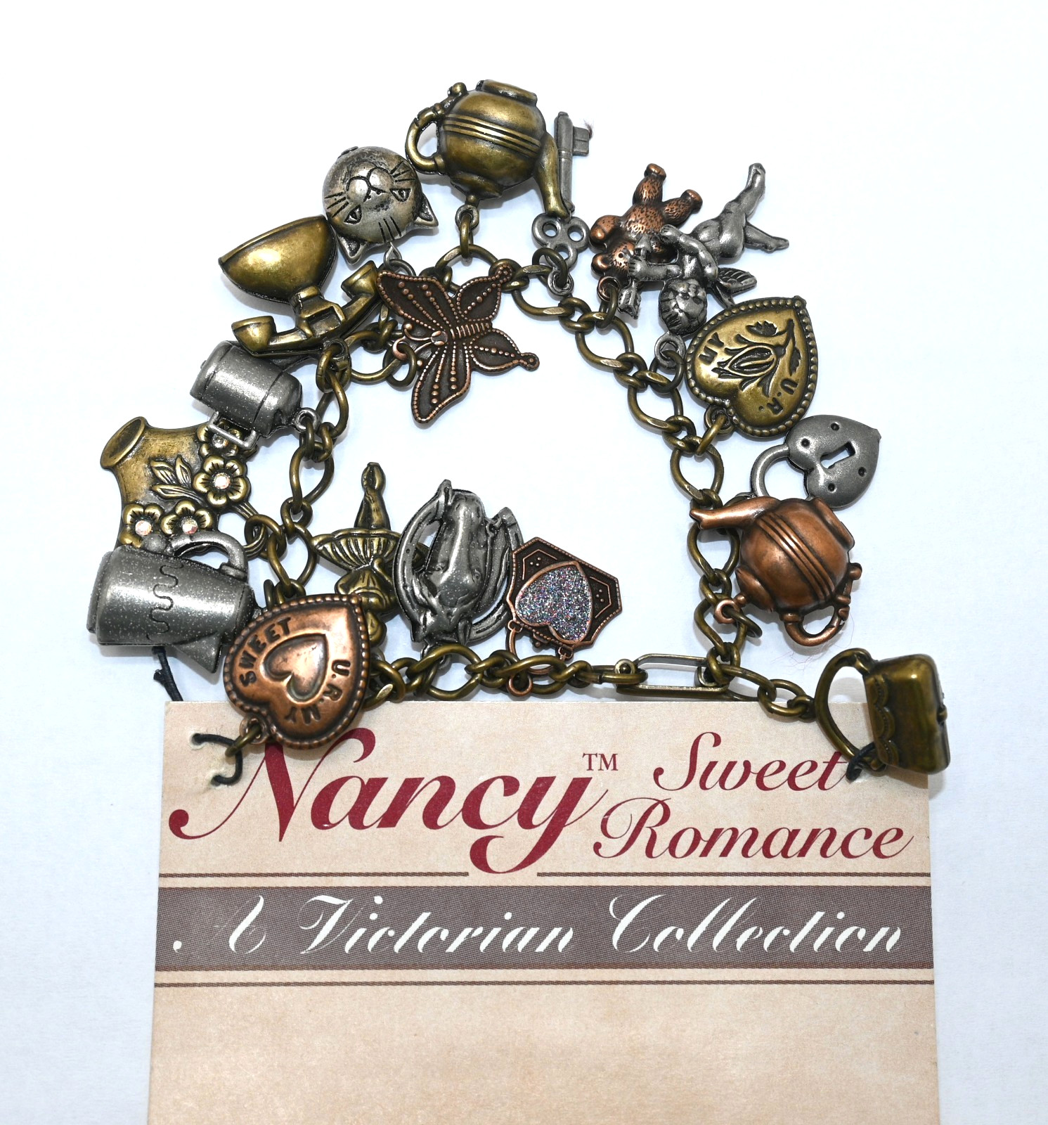 Vintage Nancy Sweet Romance Gold Tone Charm Bracelet A Victorian Collection USA