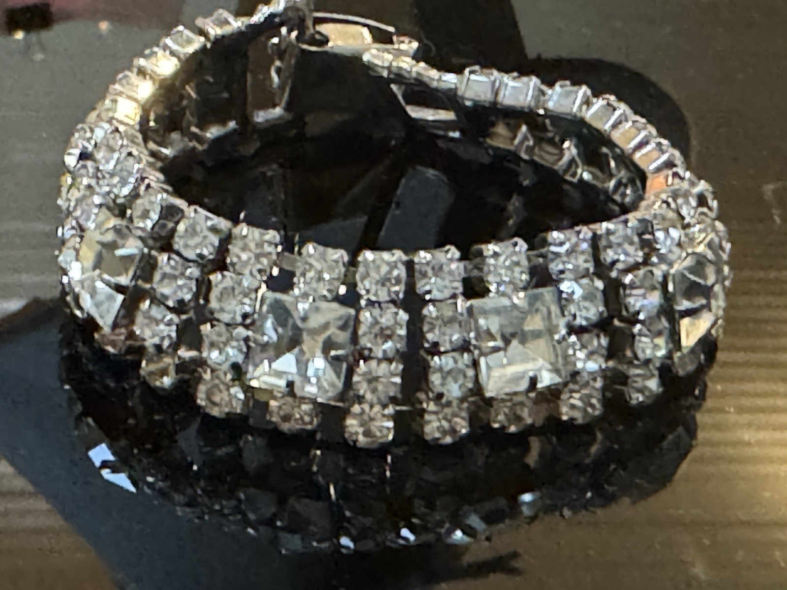 Vintage Weiss? Wide Silver Tone Domed Rhinestone Bracelet 4 Row