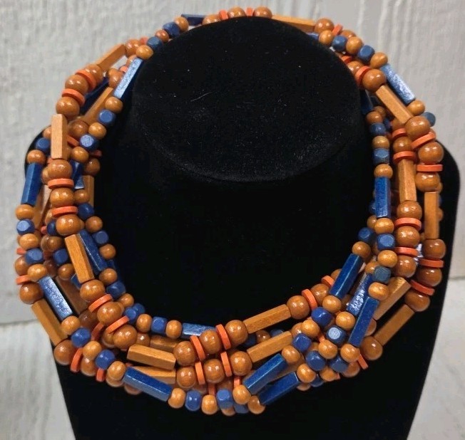 Vintage Boho Multi-Strand Statement Necklace Blue & Orange Beaded 30″ Layered