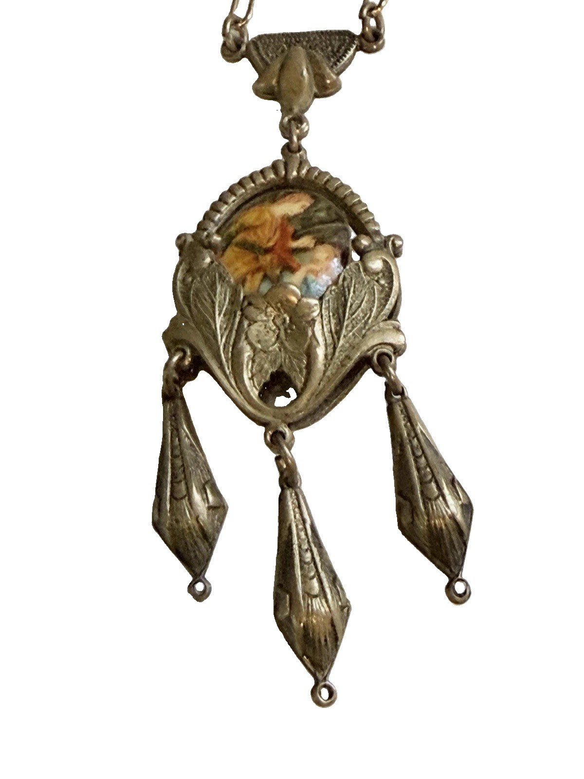 Vintage Brass Necklace Painted Porcelain Scene Pendant Art Nouveau Barrel Clasp