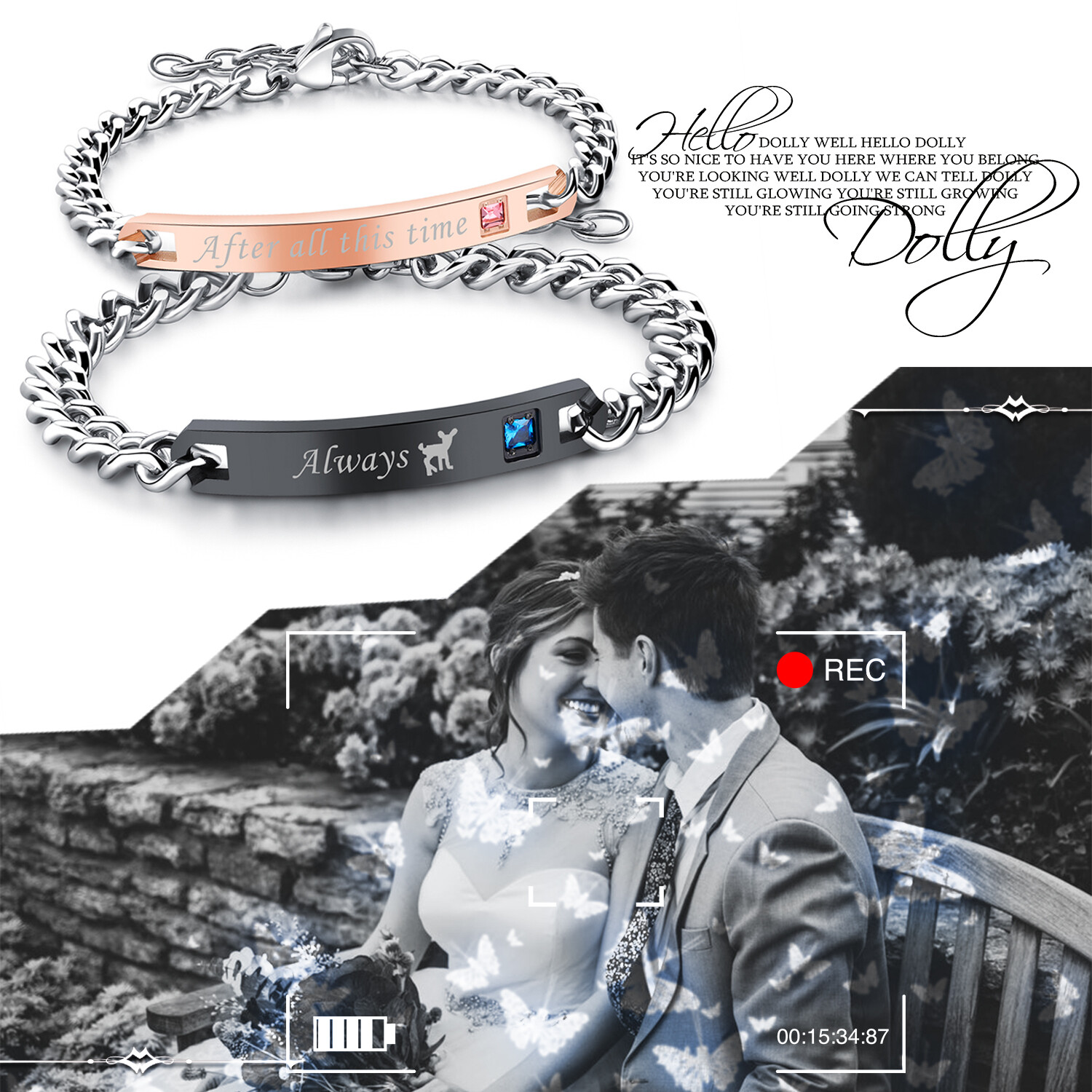 2Pcs/Set Men Women Stainless Steel CZ Rosegold Black Couple Bracelet Bangle Gift