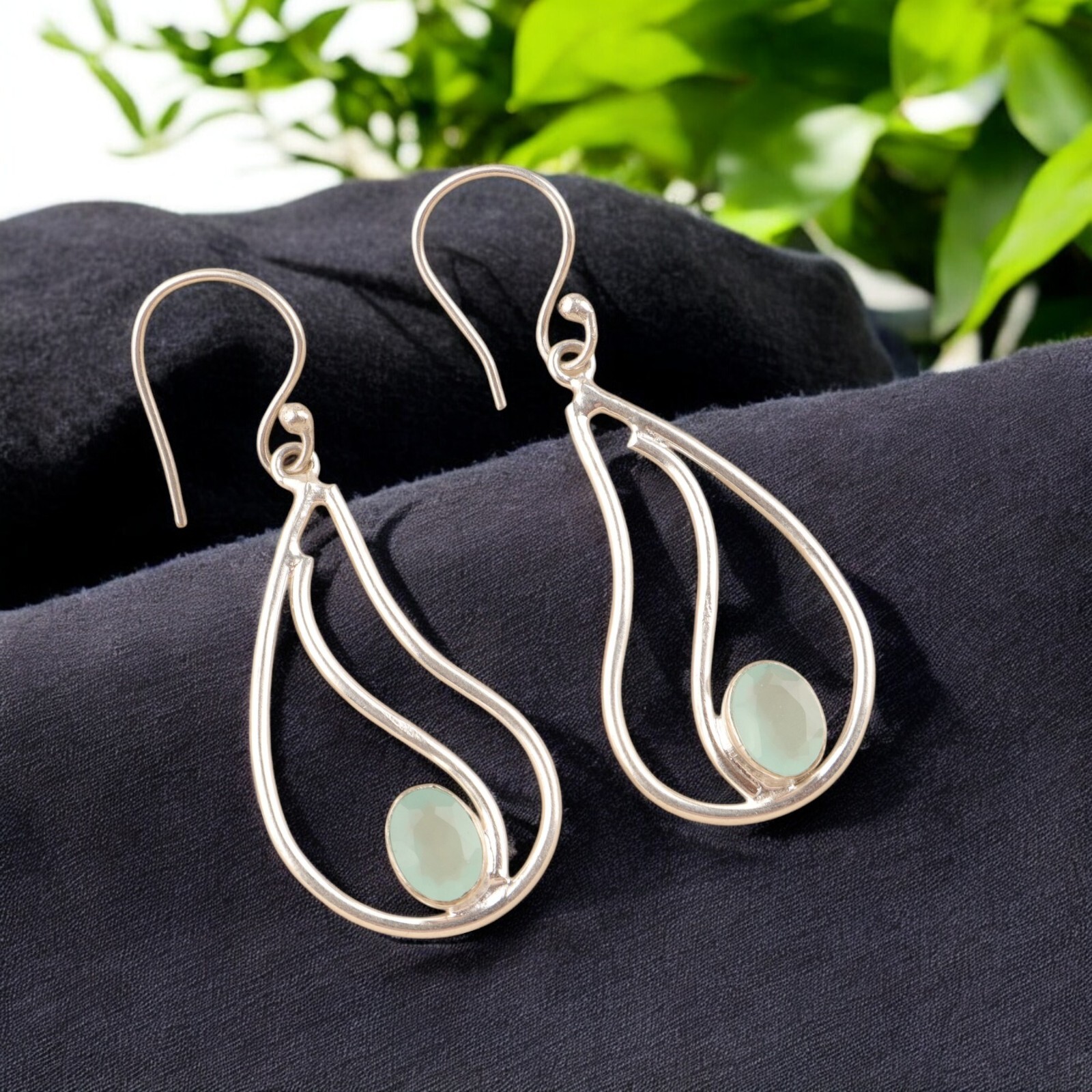Natural Aqua Chalcedony Gemstone Earrings 925 Silver Handmade Jewelry 1.94″ Gift