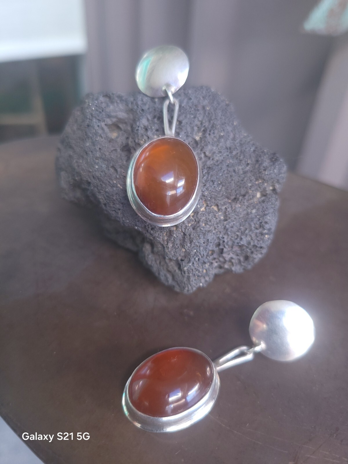 Susan Cummings 2″ Pierced Earrings Modern Silver & Amber McClure’s Nashville Tn