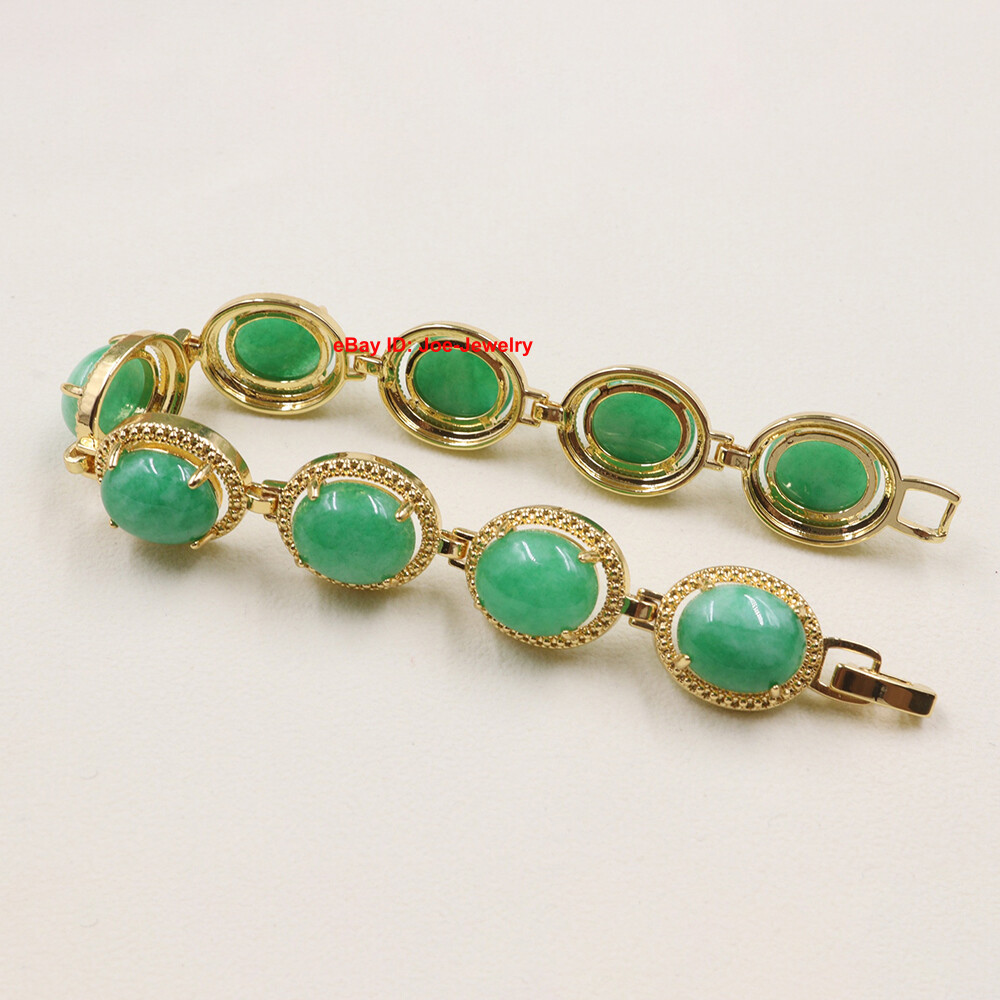 Elegant Heated Green Jade 13MM Oval Bead Gold Plated Alloy Link Bracelet 7.48″L