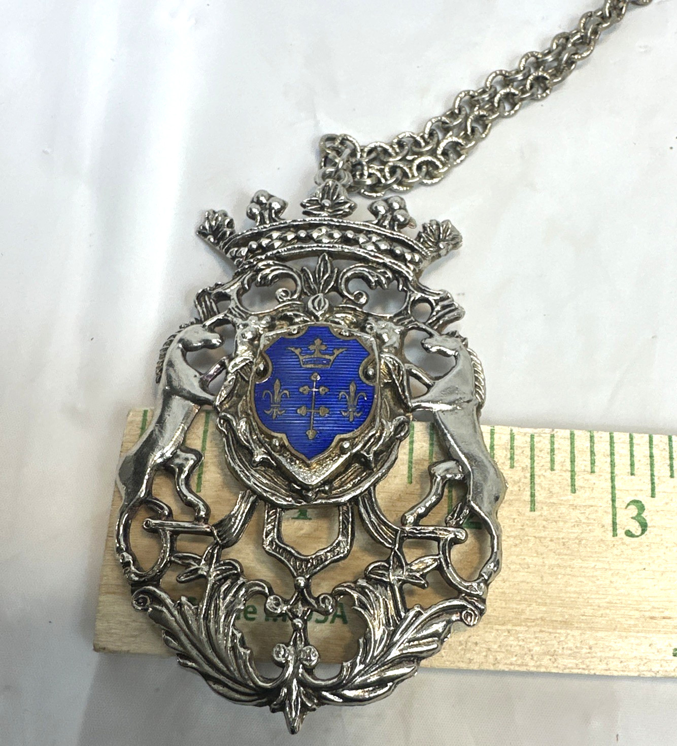 Vintage Heraldic Coat of Arms Pendant Necklace Blue Shield Lions Crown Gothic