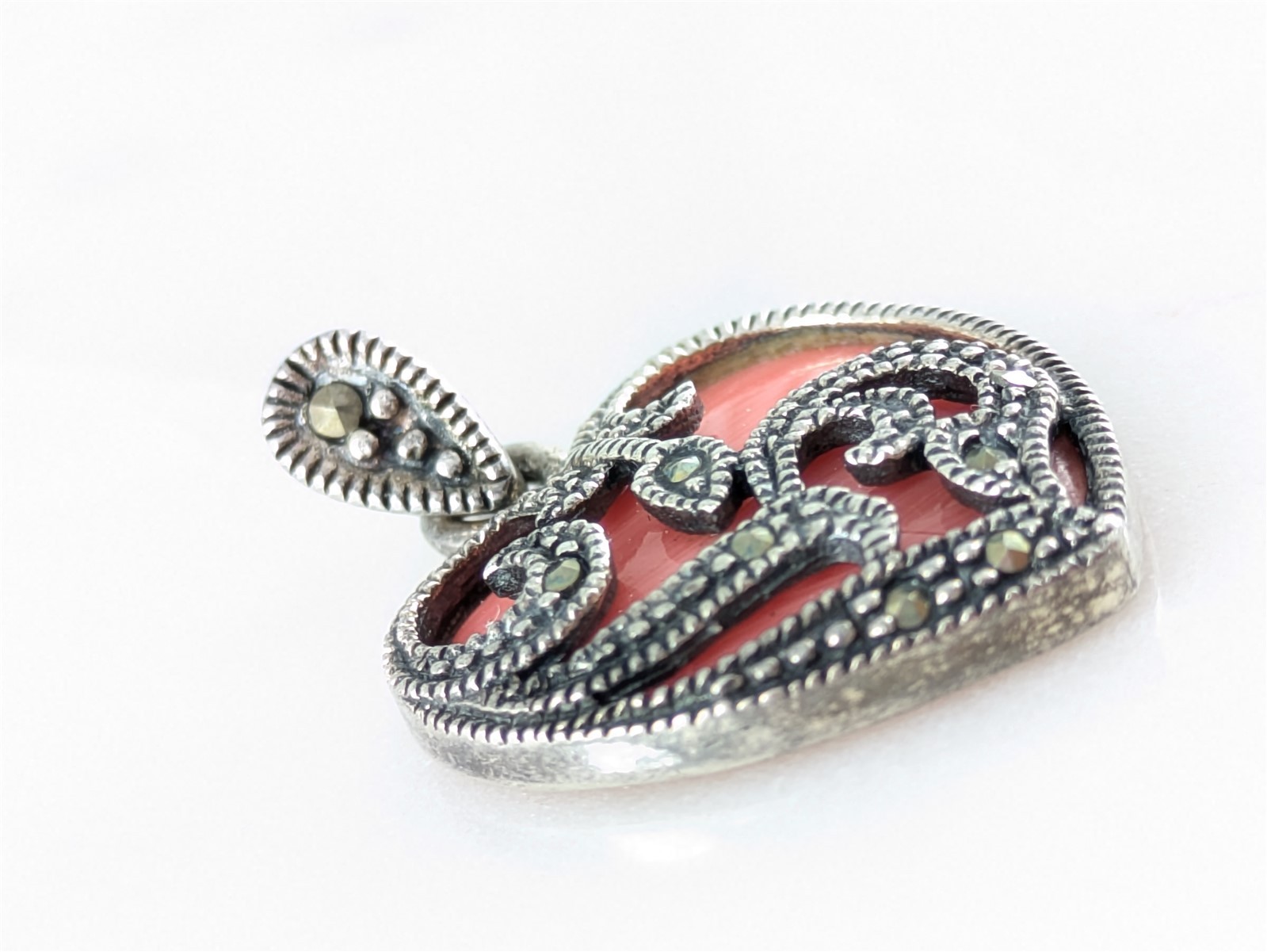 FAS Vintage Solid Sterling Silver Pink Coral Heart Marcasite Pendant 3 Grams
