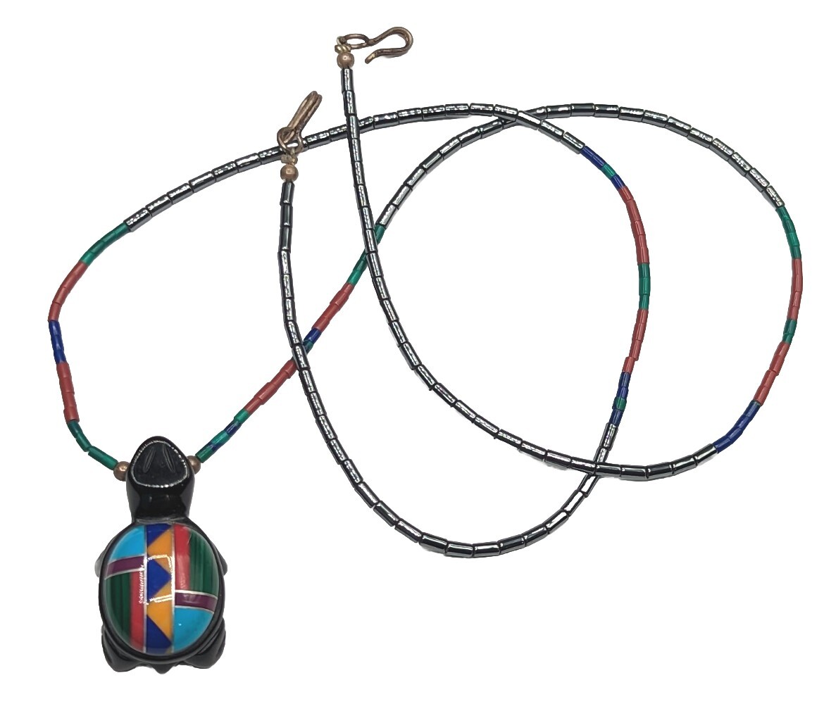 Multi Color Inlay Black Stone Carved Turtle Southwestern Beaded Necklace 25″