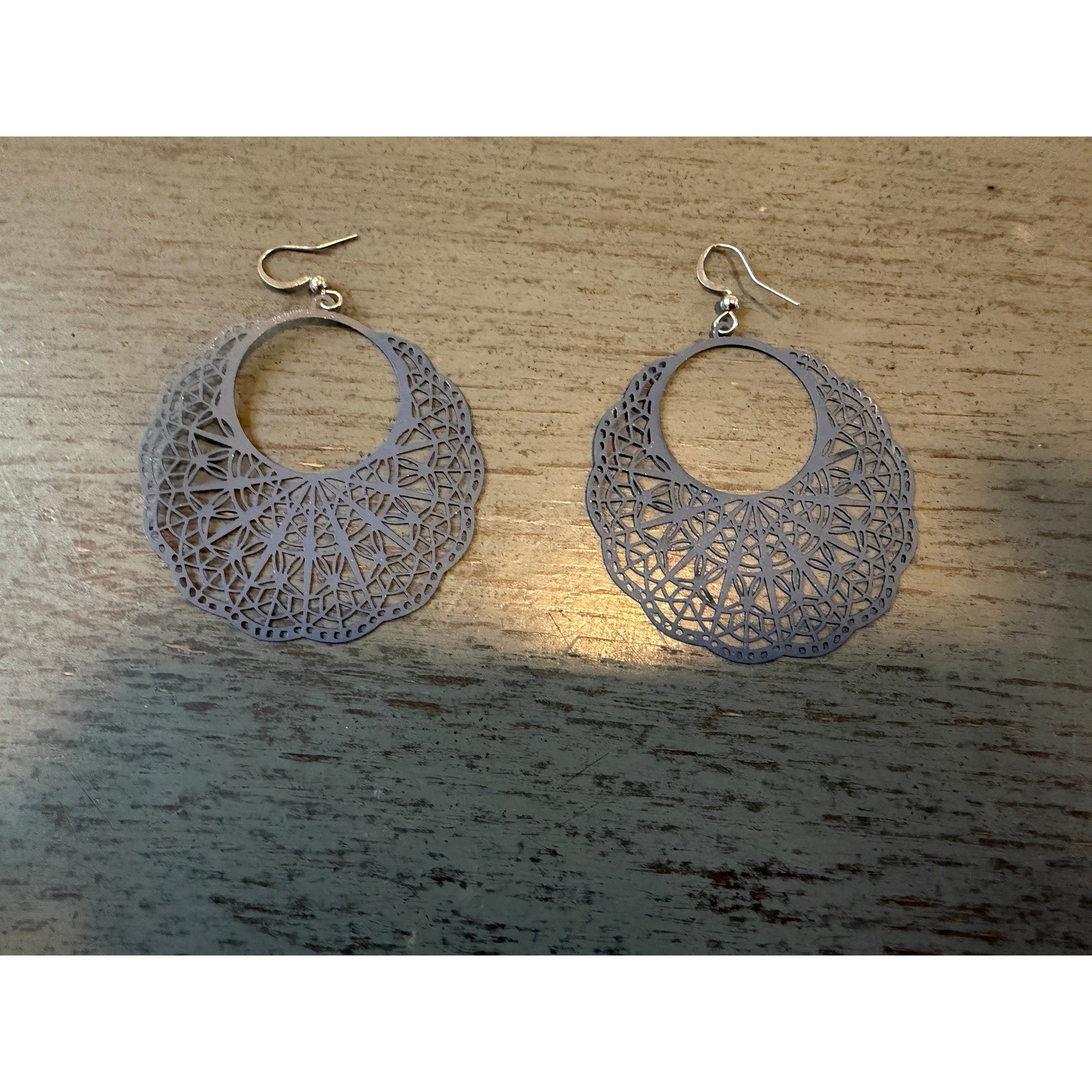 Slate Blue Laser Cut Filigree Mandala Drop Earrings Boho Geometric Dangle