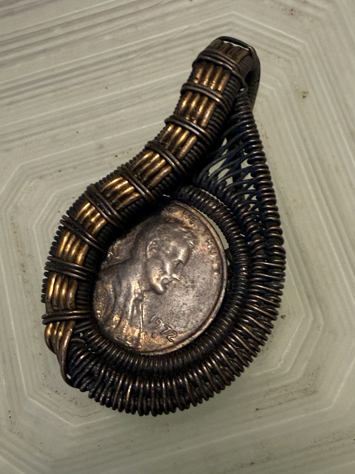 Handmade Copper Wire Wrapped Vintage 1972 Penny Coin Pendant 1.5” Thick Heavy