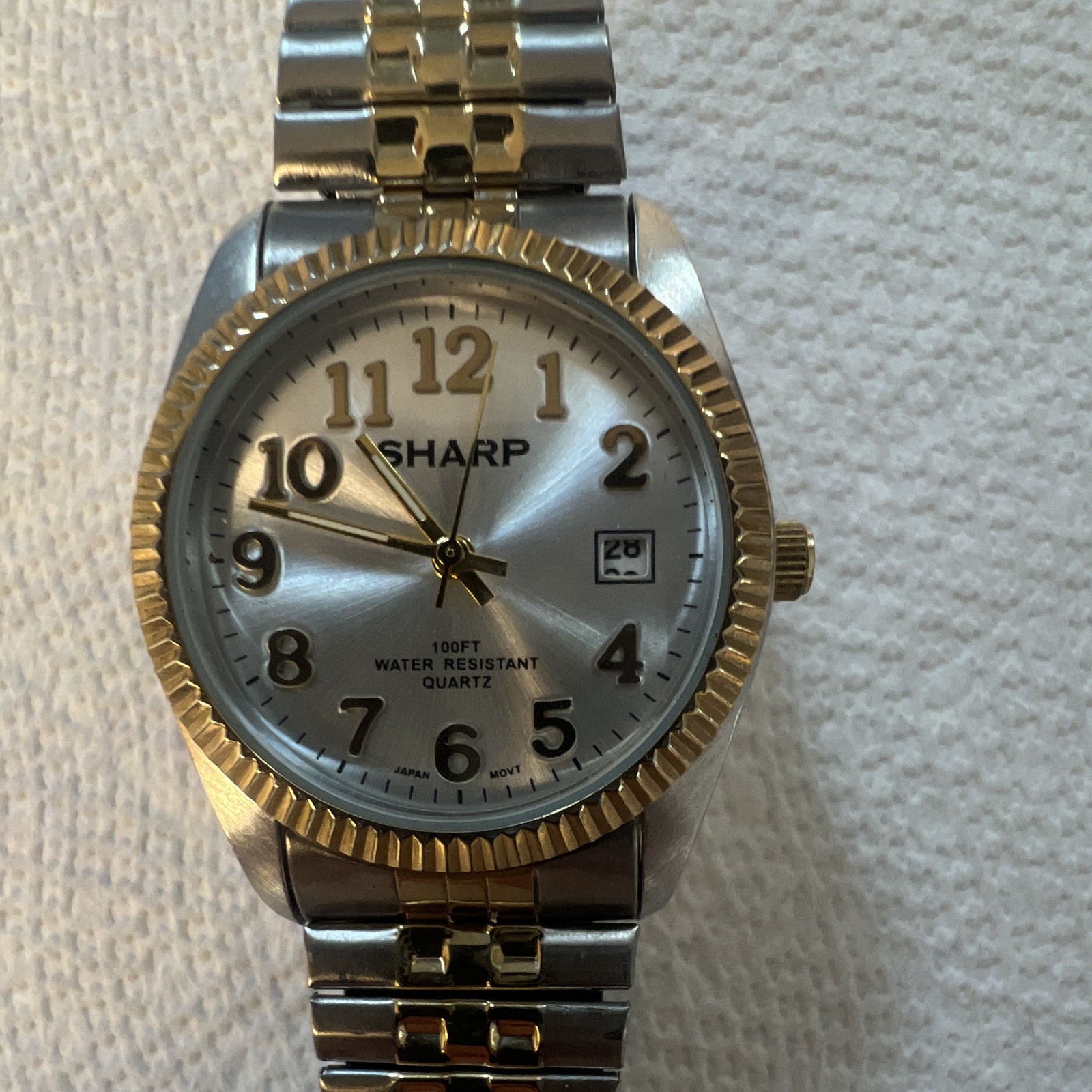 Sharp Quartz Analog Two-Tone Expansion Bracelet Date 100ft 35mm Fluted Bezel