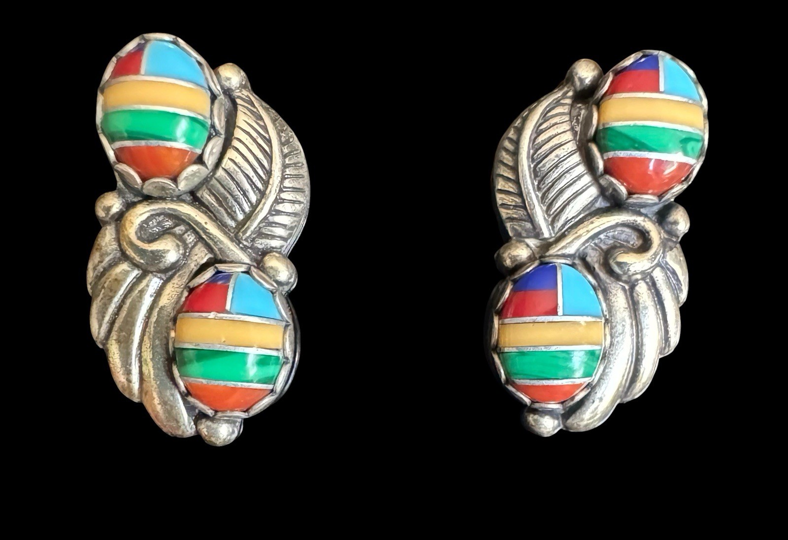 Wheeler Manufacturing Co Sterling Silver Earrings Multi Stone Inlay Pierced WM