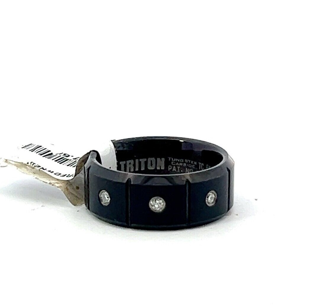 Triton 8mm Black Tungsten .12ctw 3 Diamond Accent Vertical Grooved Band Ring