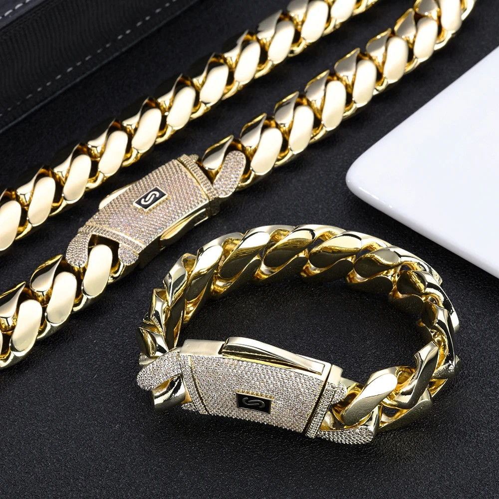 5AAA+ CZ 20mm Cuban Link Chain Necklace Bracelet Gold Plated Brass Iced Out
