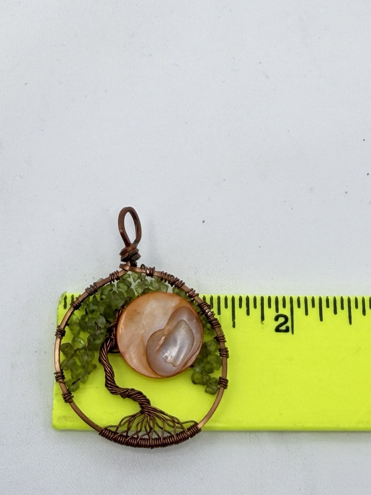 August Peridot Green Crystals Carnelian Bonsai Tree Of Life Copper Pendant
