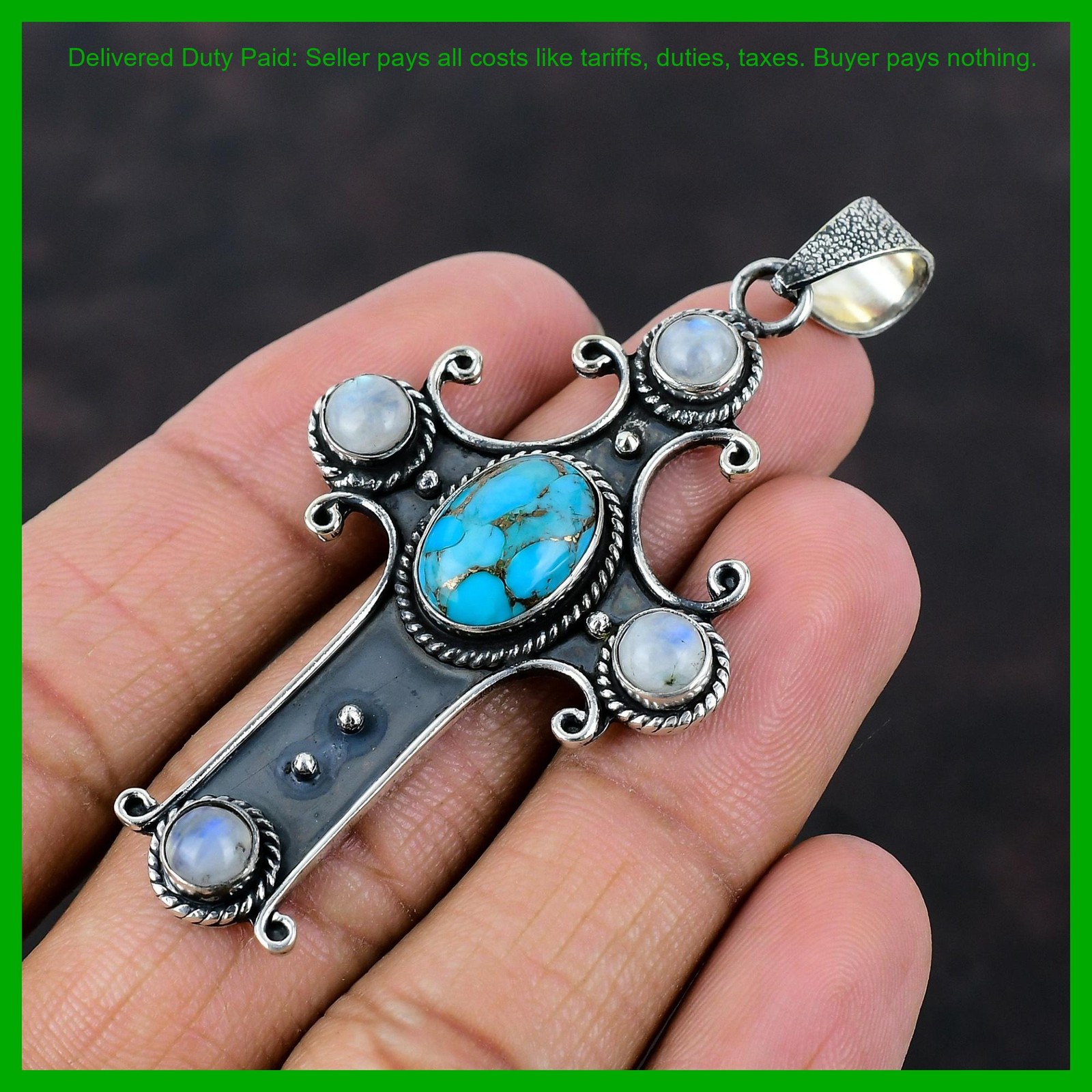 Oval Copper Blue Turquoise Gemstone 925 Sterling Silver Wedding Pendant Jewelry