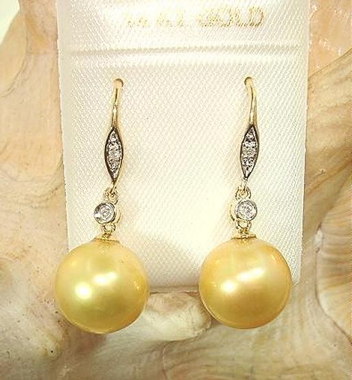 10.9mm Cultured FW Golden Pearl 0.04Cts Diamond 14k Yellow Gold Hook Earrings