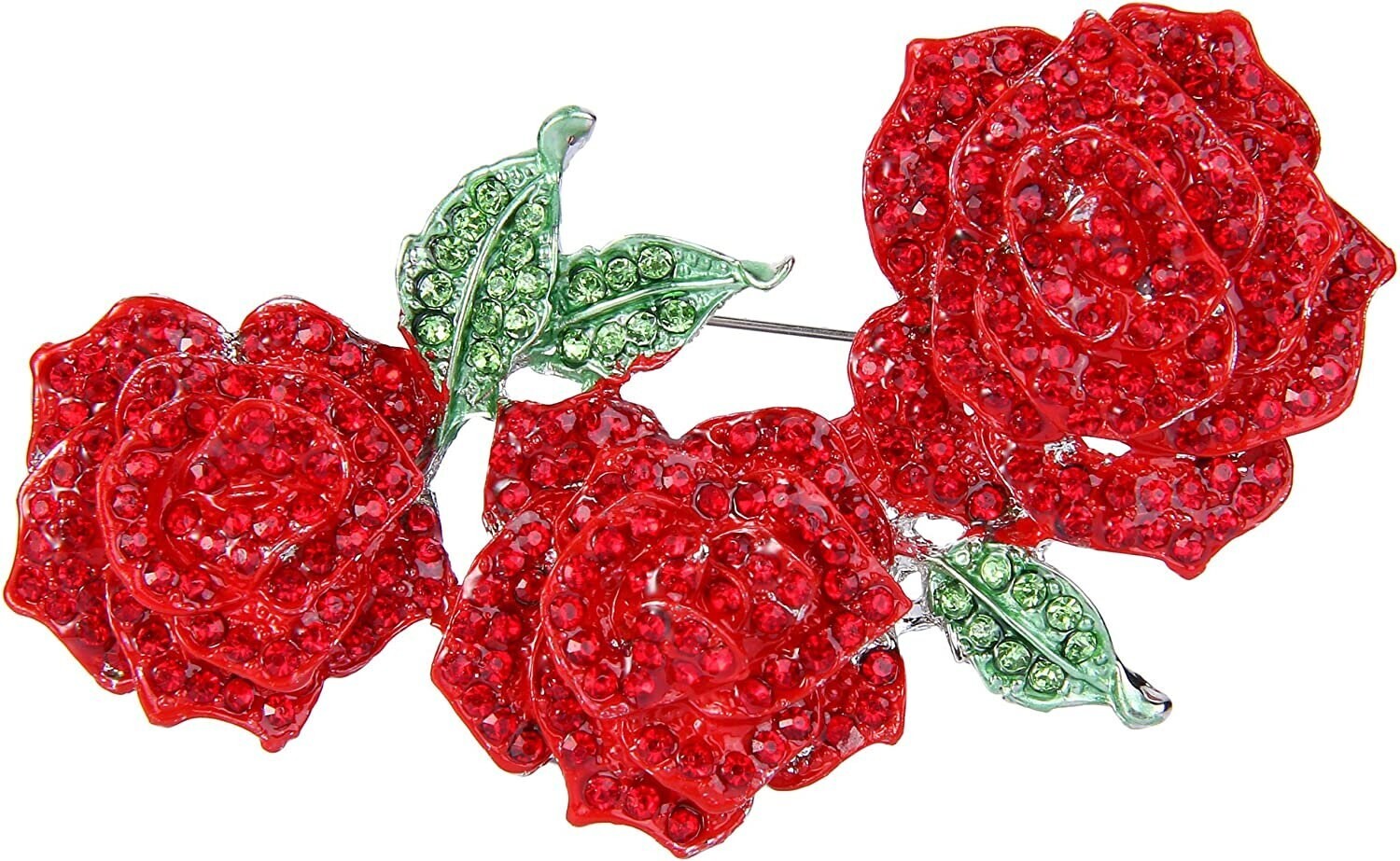 RHINESTONE FLOWER BROOCH! Stunning Red Rose Trinity Pin! Amazing Red Crystals!