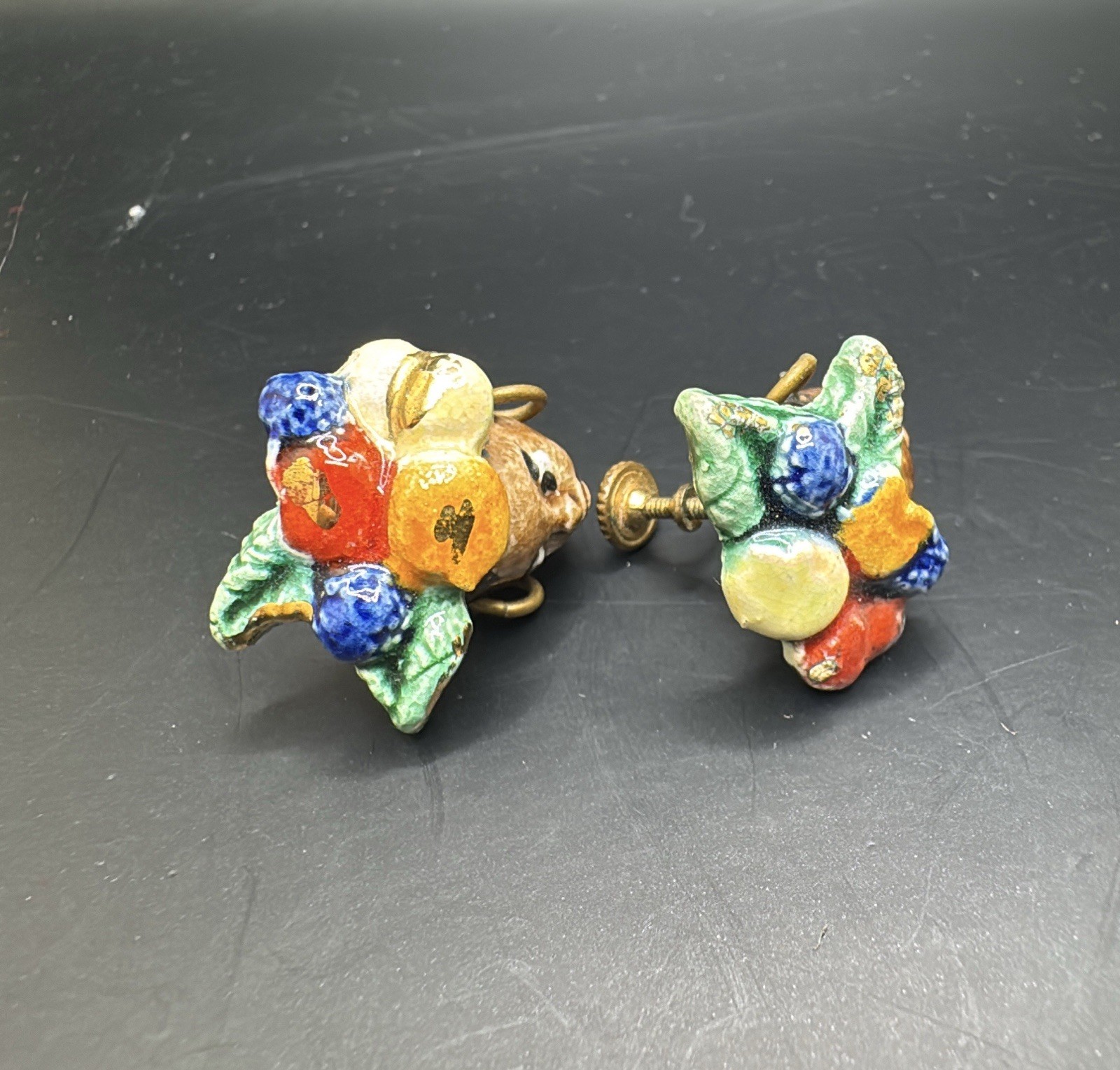 Vtg Ceramic Enamel Carmen Miranda Fruit Salad Hat Lady Screw Back Earrings