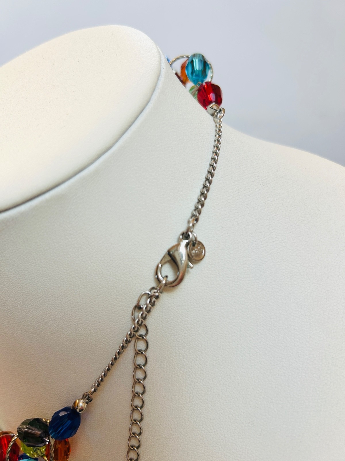 M&S Glass Necklace Red Green Blue Amber Purple Silver Tone Metal Vintage