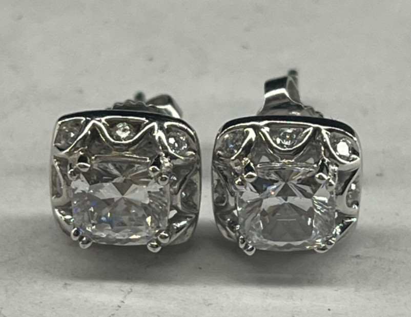 Tacori Sterling Silver Cushion Cut CZ Stud Earrings 10mm Long & Wide 3.2 grams