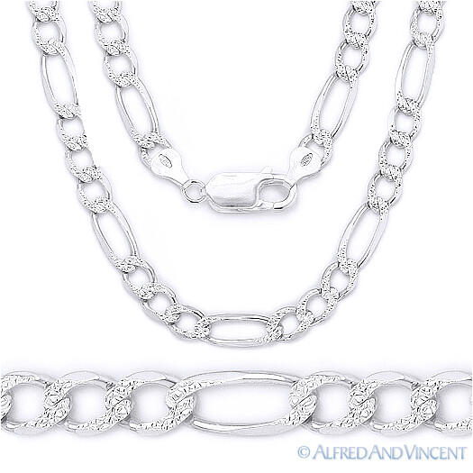 4.5mm Figaro Link Chain Diamond-Cut Pave Necklace in .925 Italy Sterling Silver