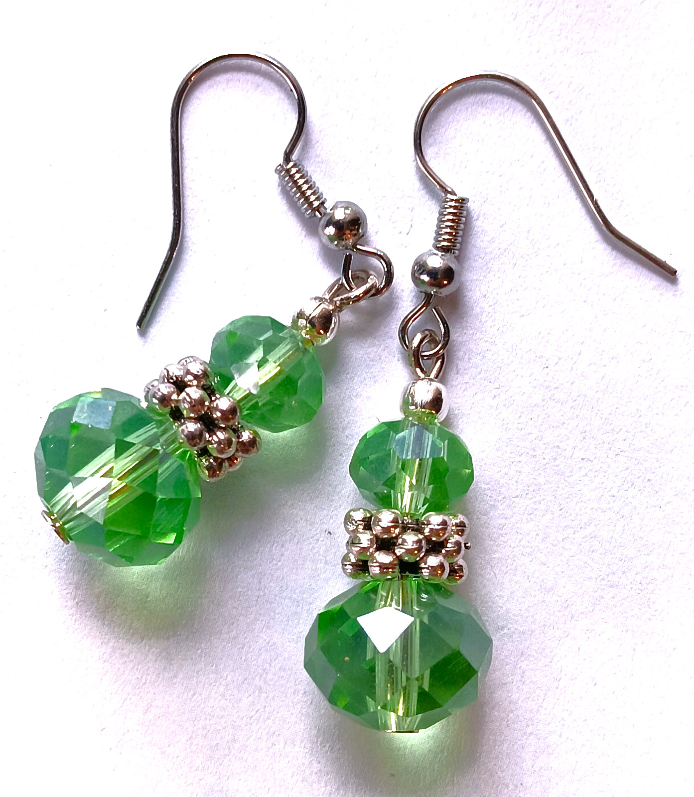 GREEN double Faceted CRYSTAL earring SP FISH HOOK handcrafted #250
