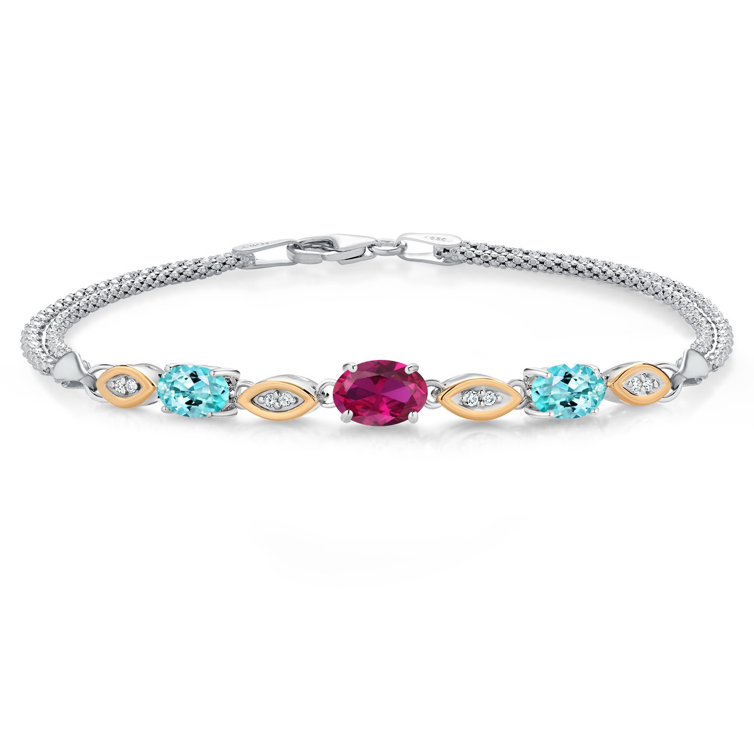 925 Silver and 10K Yellow Gold Created Ruby and Blue Apatite and White Lab
