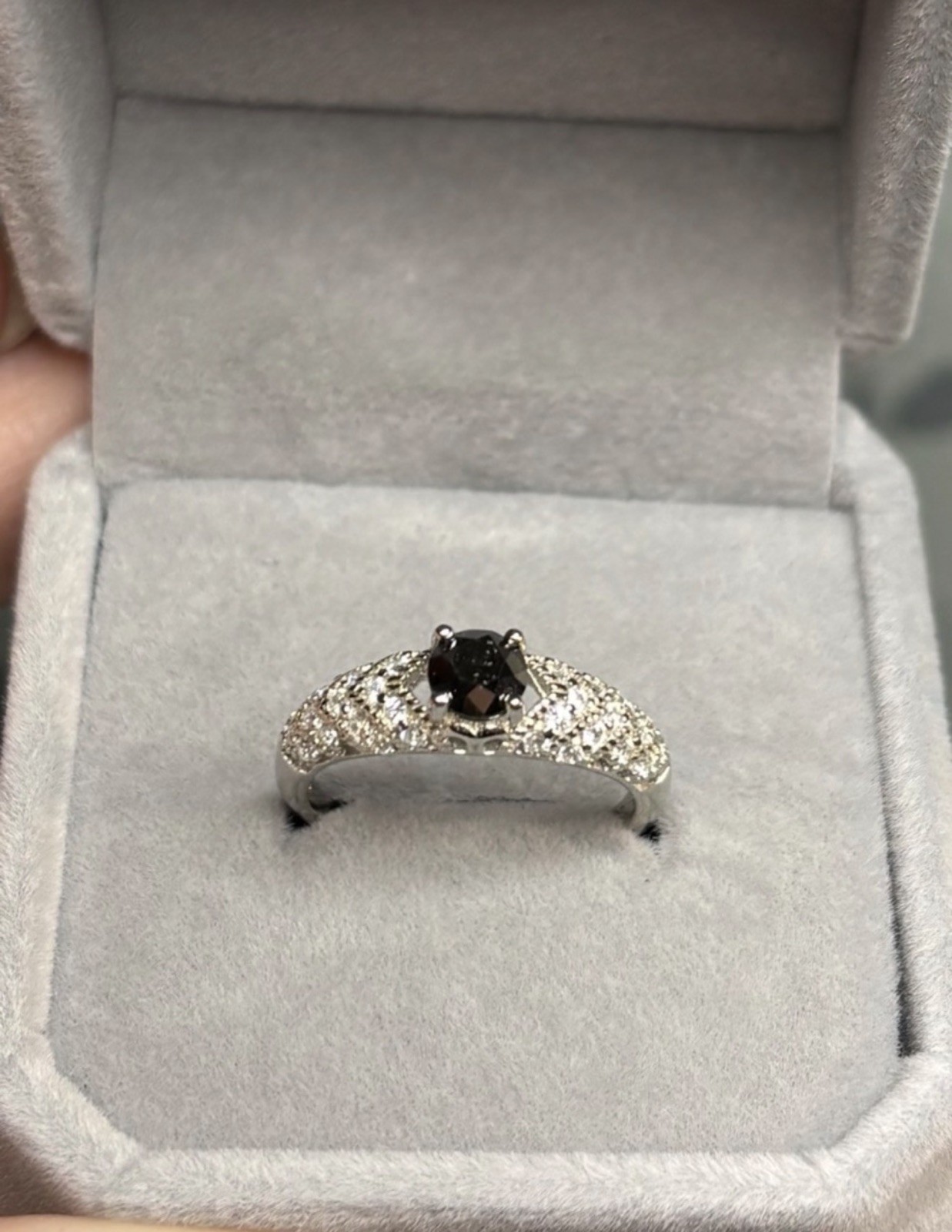 Exquisite Natural Black Diamond .61CT & Topaz 925 Sterling Silver Ring Size 7