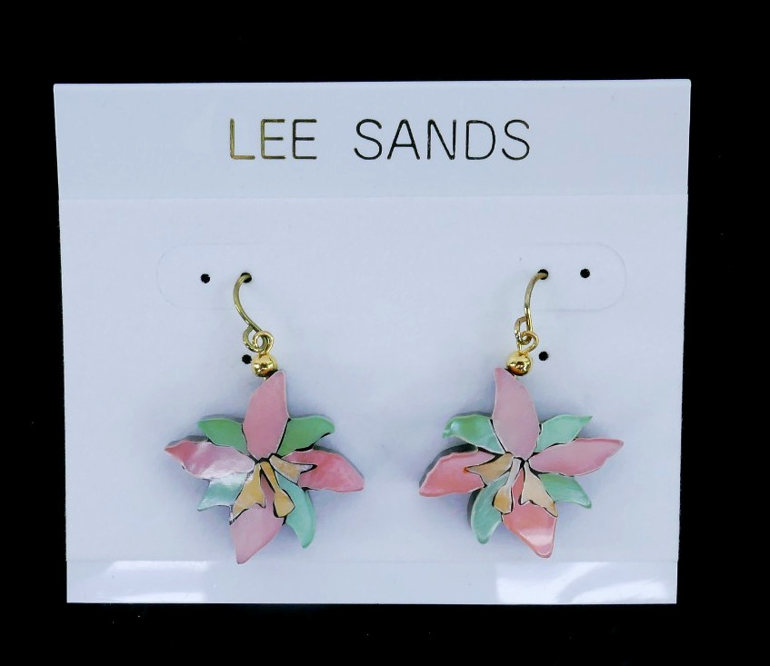 LEE SANDS INLAiD ORCHiD FLOWER EARRiNGS PENDANT 18″ GEMSTONE PEARL NECKLACE SET