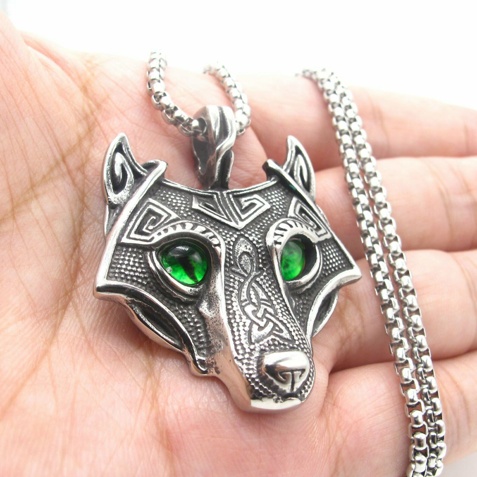 MENDEL Mens Stainless Steel Viking Celtic Wolf Head Pendant Necklace For Men