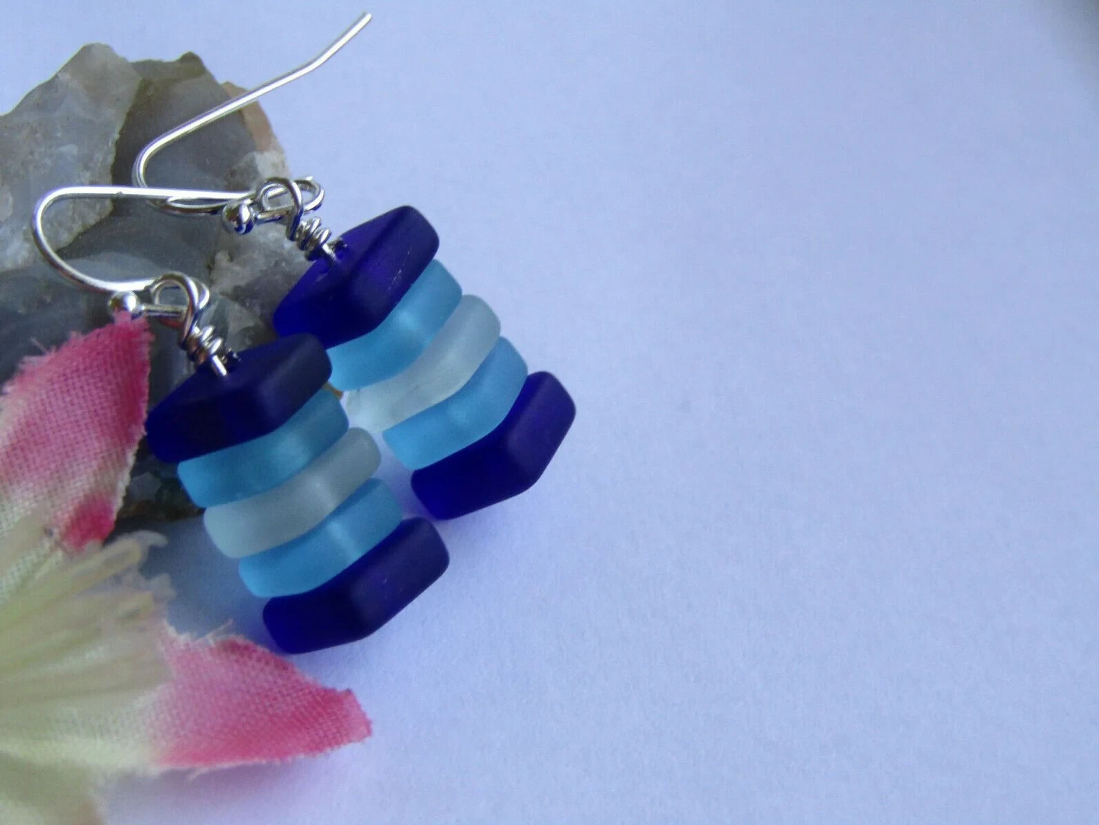Stacked Blue & White Sea Glass Pebble Earrings Silver Plated, Beach Lover