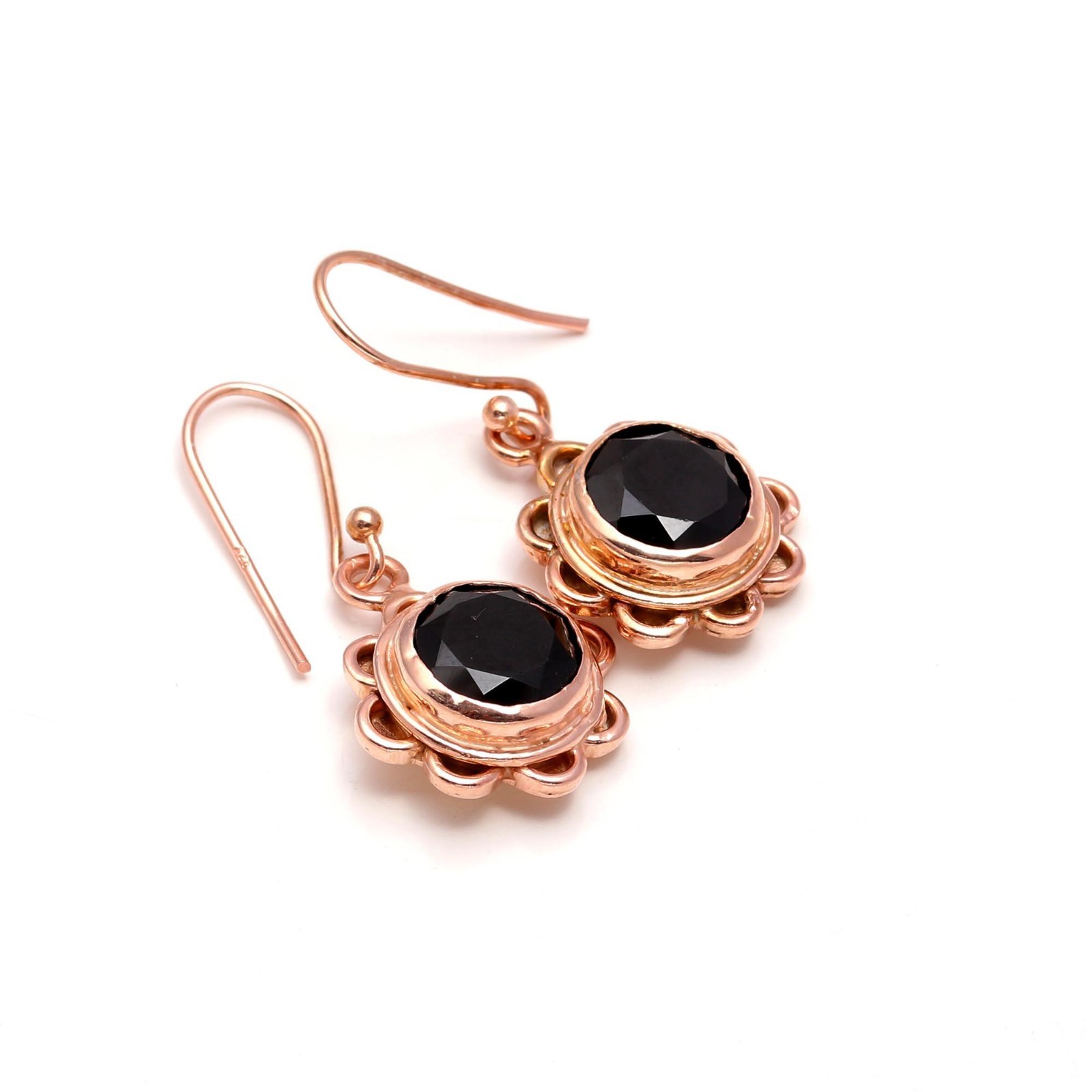 Natural Black Onyx Round Dangle Earrings Rose Gold Plated Solid Silver Jewelry