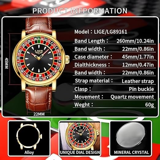 SACOSDING Mens Watches,Unique Roulette Style Quartz Analog Watch,45MM Big Face