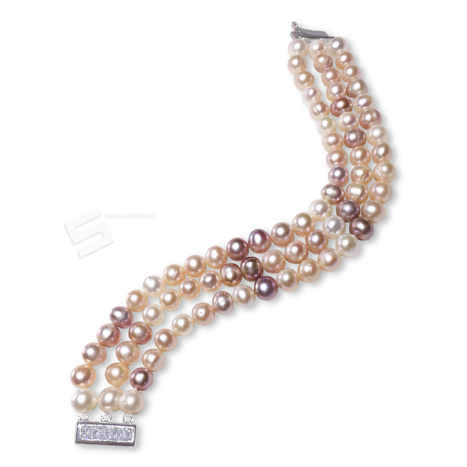 8-9MM Multicolored Freshwater Cultured Pearls And Silver Clasp 3 Rows Bracelet