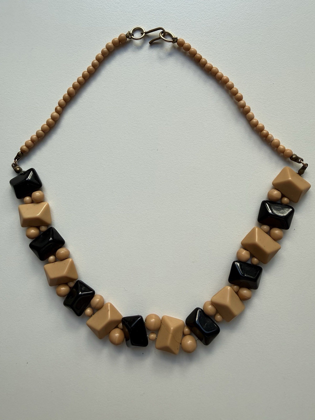 Vintage Czech Art Deco Beige & Black Molded Geometric Glass Bead Necklace (3369)