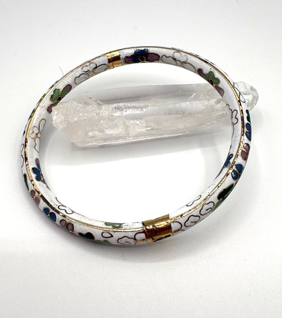 Hinged White Cloisonne Bangle Bracelet, Multi-colored Floral Enamel Bracelet