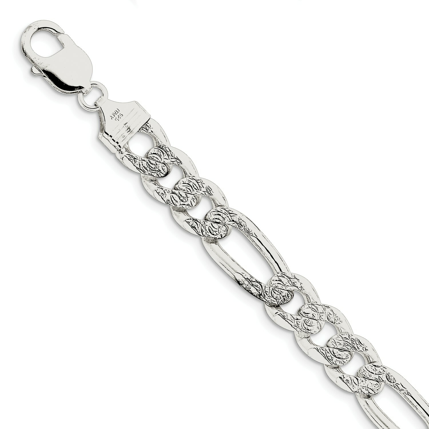 Sterling Silver Solid 10.5mm Pave Flat Figaro Bracelet w/ Lobster Clasp 8″