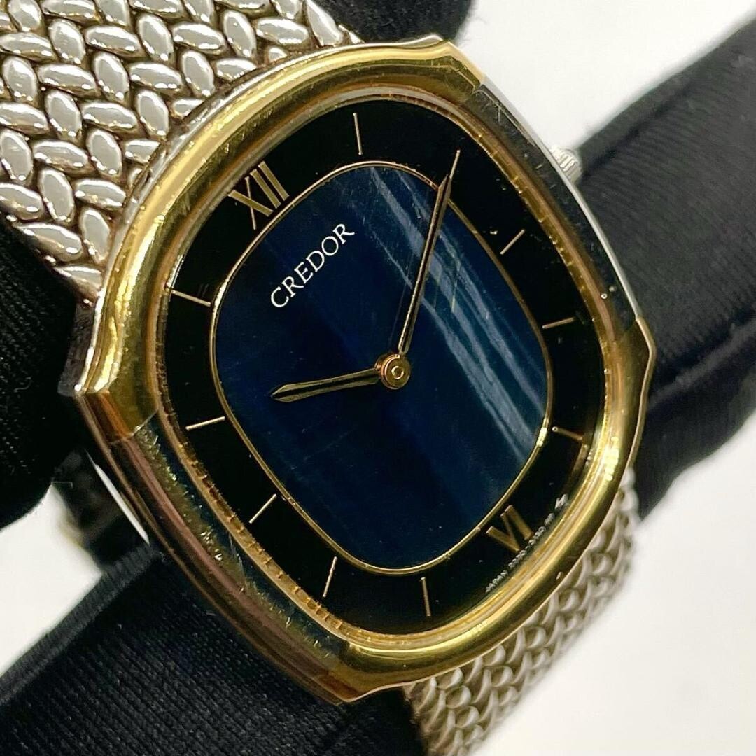 JUNK CREDOR Seiko 18K Gold Bezel Blue Sardonyx Dial Quartz 7770 5141 Not Running