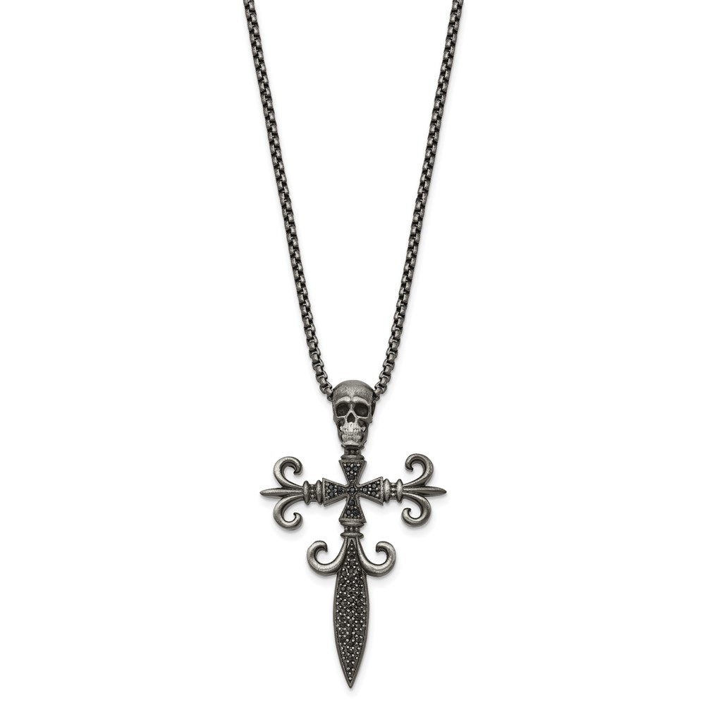 Stainless Steel White Bronze-plated Cubic Zirconia Cross Skull Necklace 24″