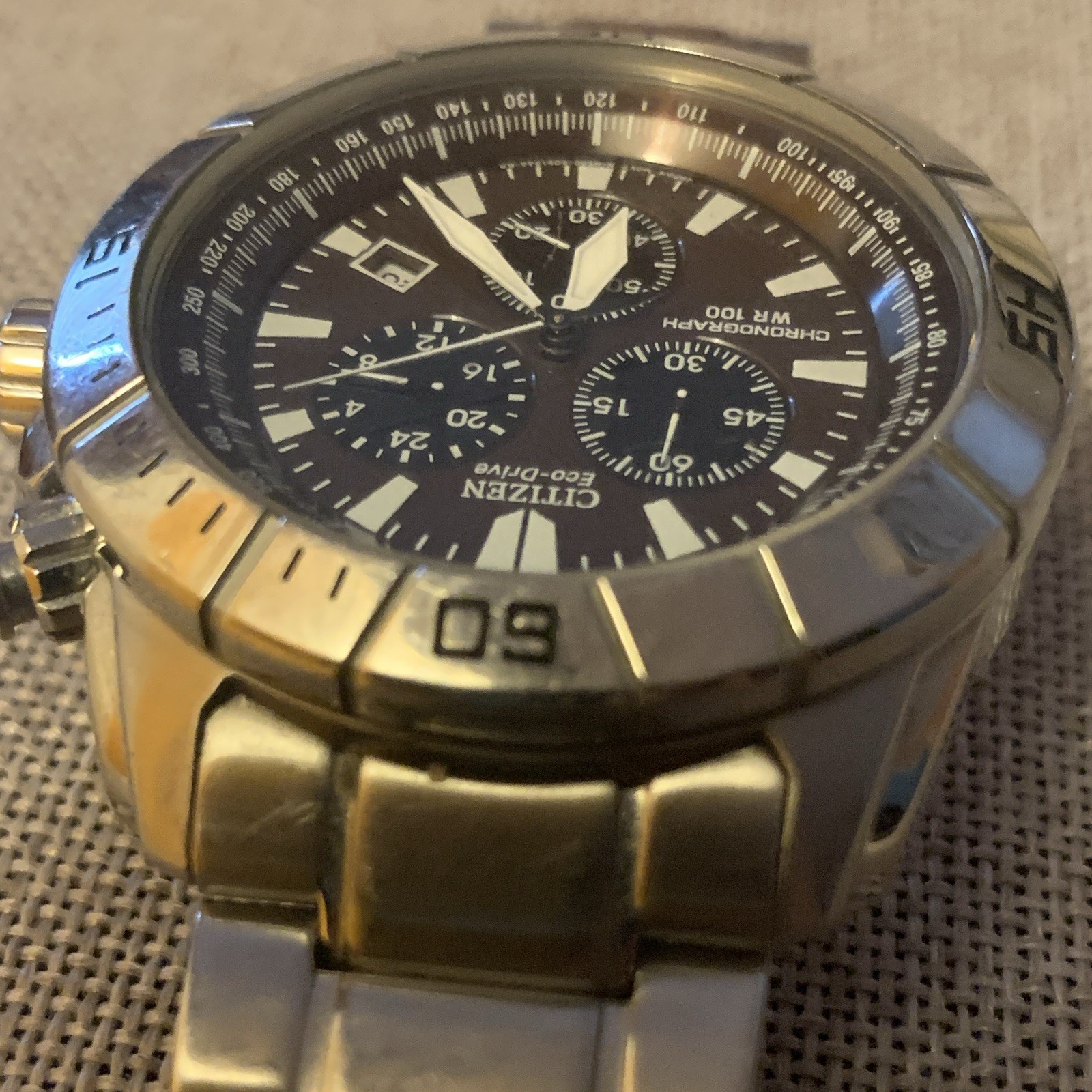 Citizen Eco-Drive Men’s Chronograph Tachymeter 100m Black Dial 44mm SS
