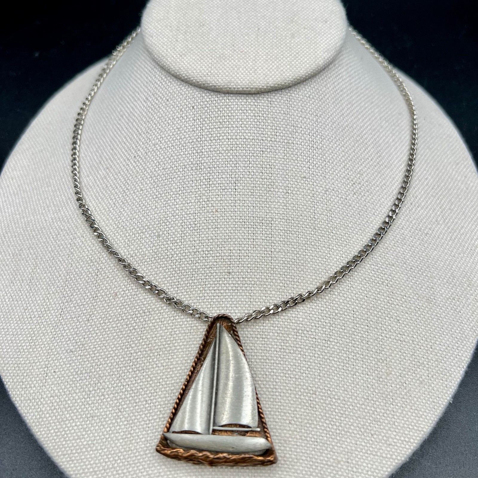 Vintage Sailboat Pendant Necklace Mixed Metal Nautical Maritime 16″