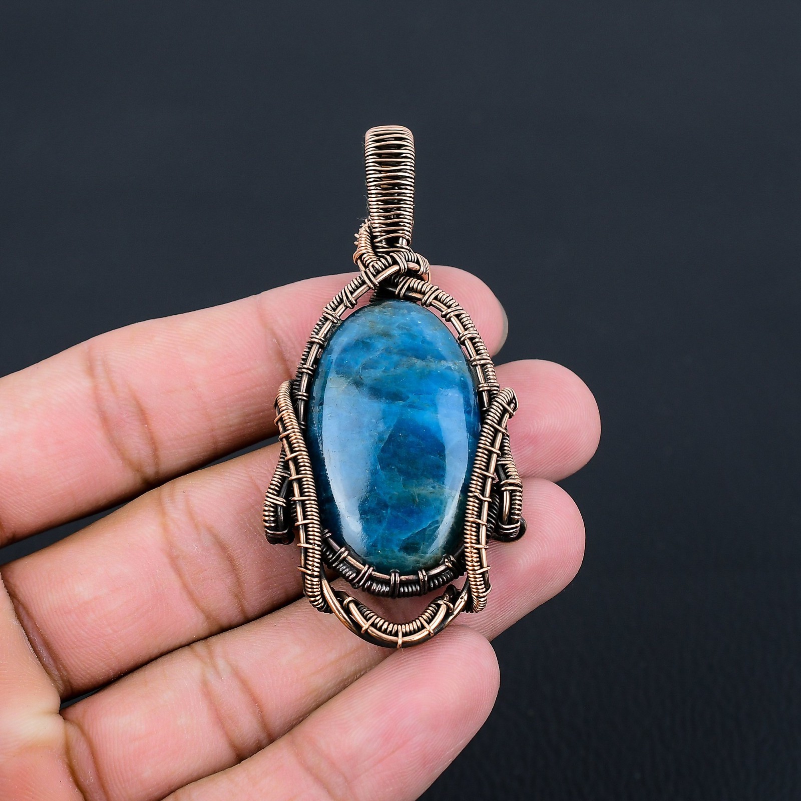 Neon Blue Apatite Handmade Gemstones Copper Wire Wrapped Pendant Jewelry