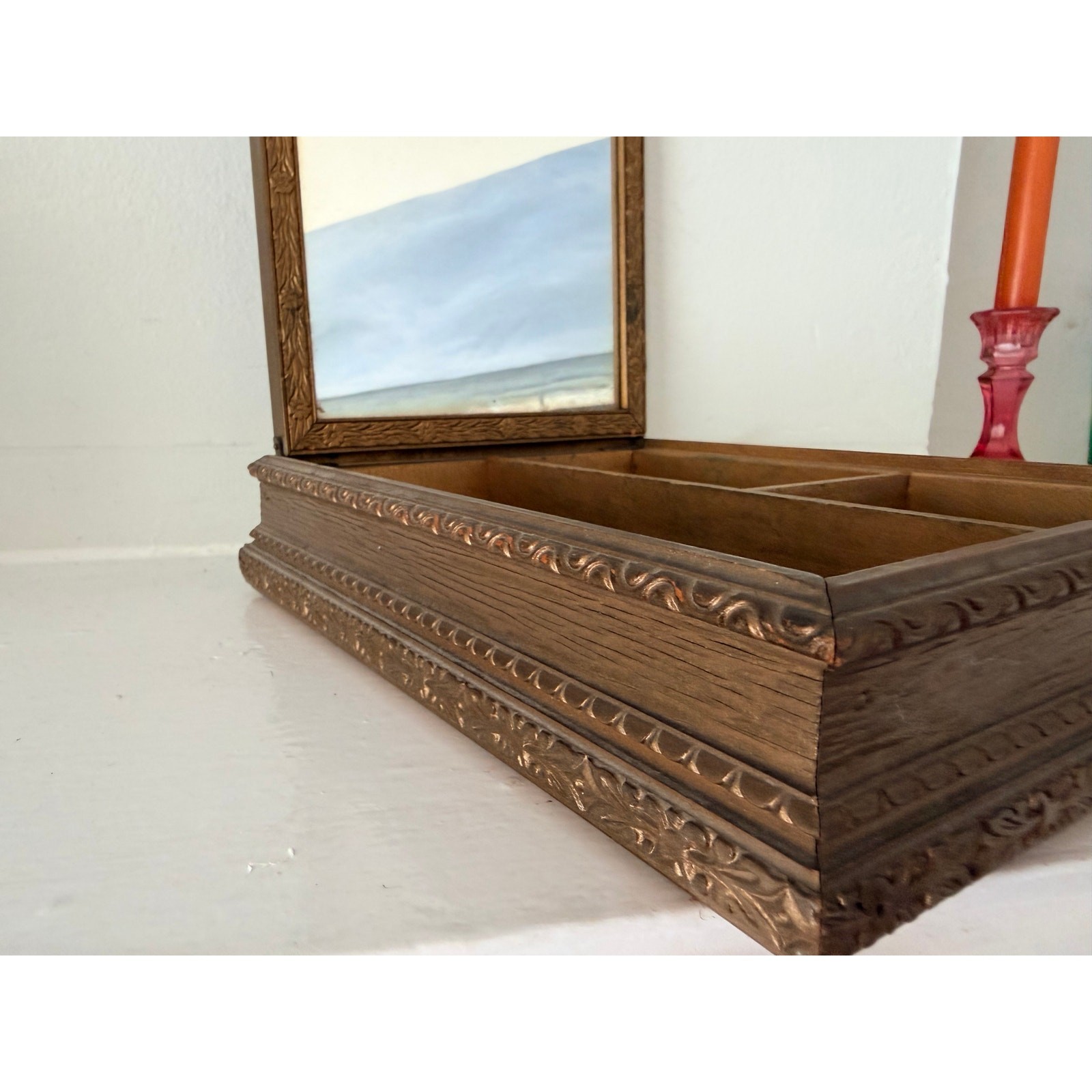 Antique Wood Jewelry Box French Salon Engraving Lid Mirror Compartments 1920s
